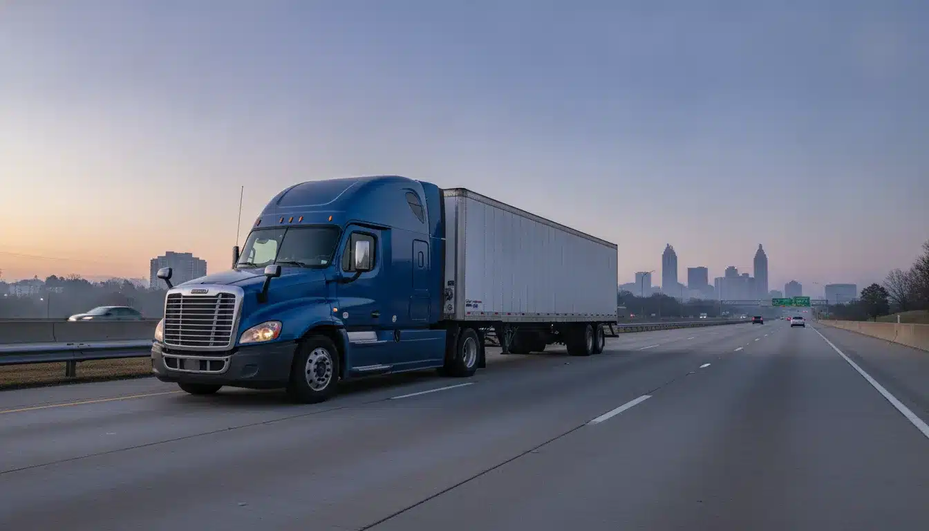 Commercial truck on an Atlanta highway during a legal case investigation