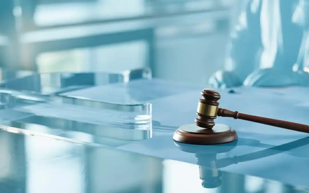 A malpractice lawyer reviews case documents at an office desk.
