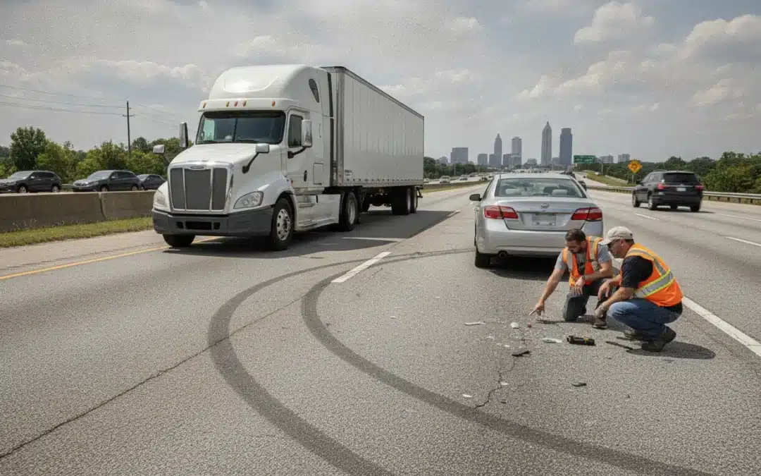 White 18-wheeler and passenger vehicle at a Georgia interstate evidence inspection scene