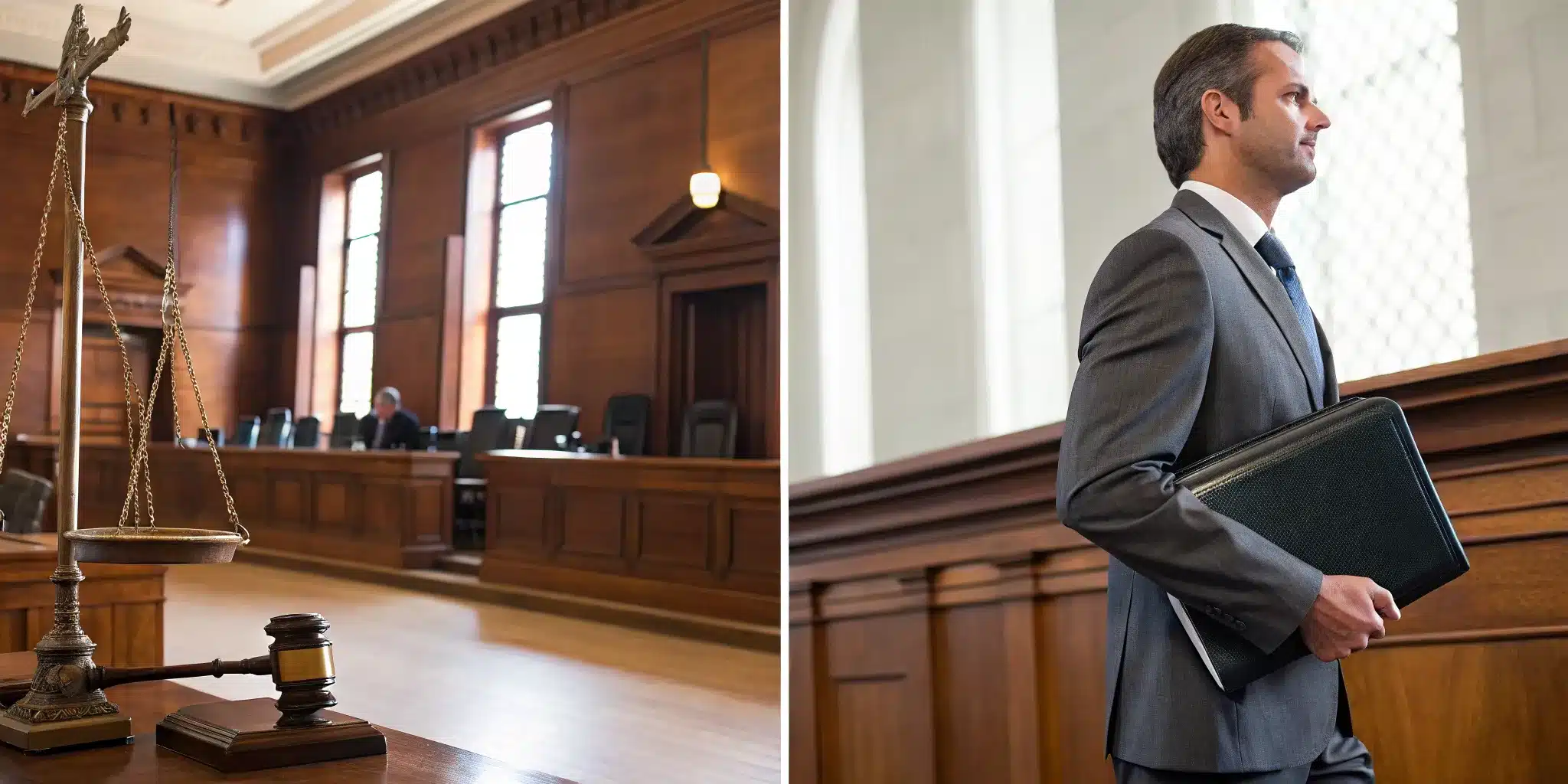 An attorney at law in a courtroom with a gavel, briefcase, and the scales of justice.