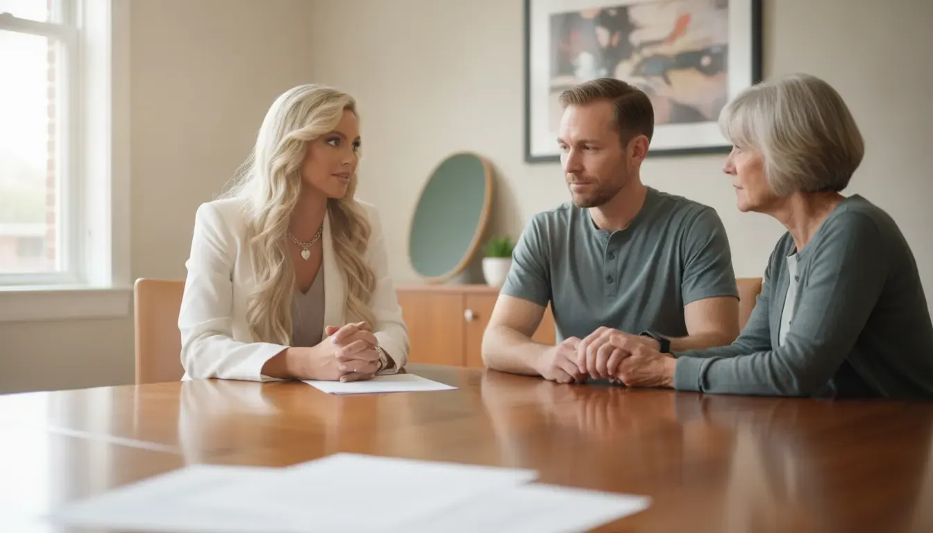 Female trial attorney meeting with a brain injury survivor and family member