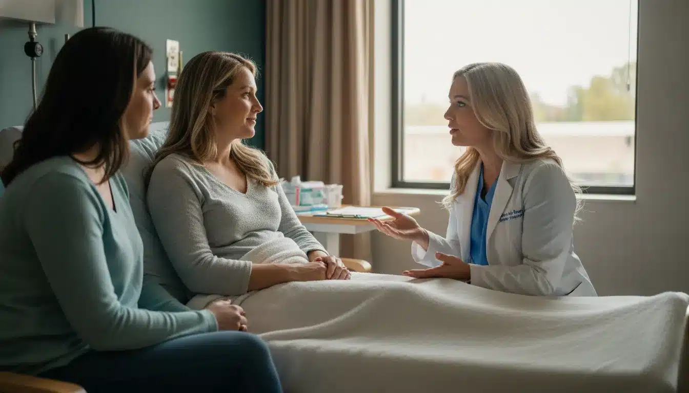 Family discussing a possible delayed C-section concern with a female clinician