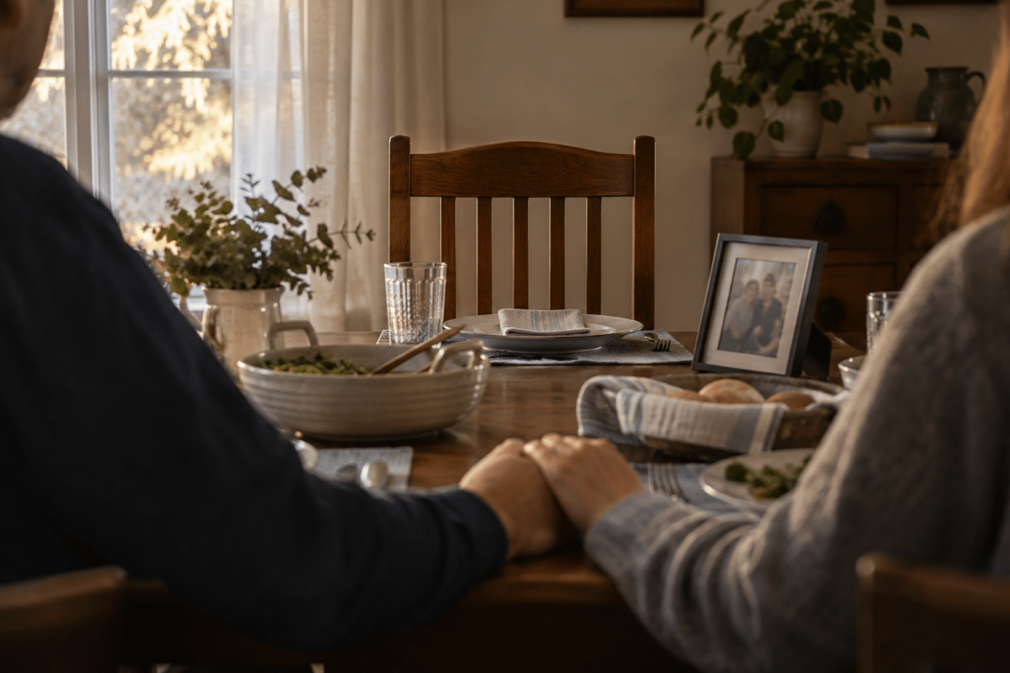 An empty chair at a family dinner table