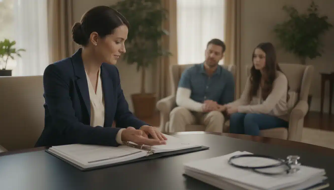 A female attorney reviewing a client's medical records during a medical negligence case consultation