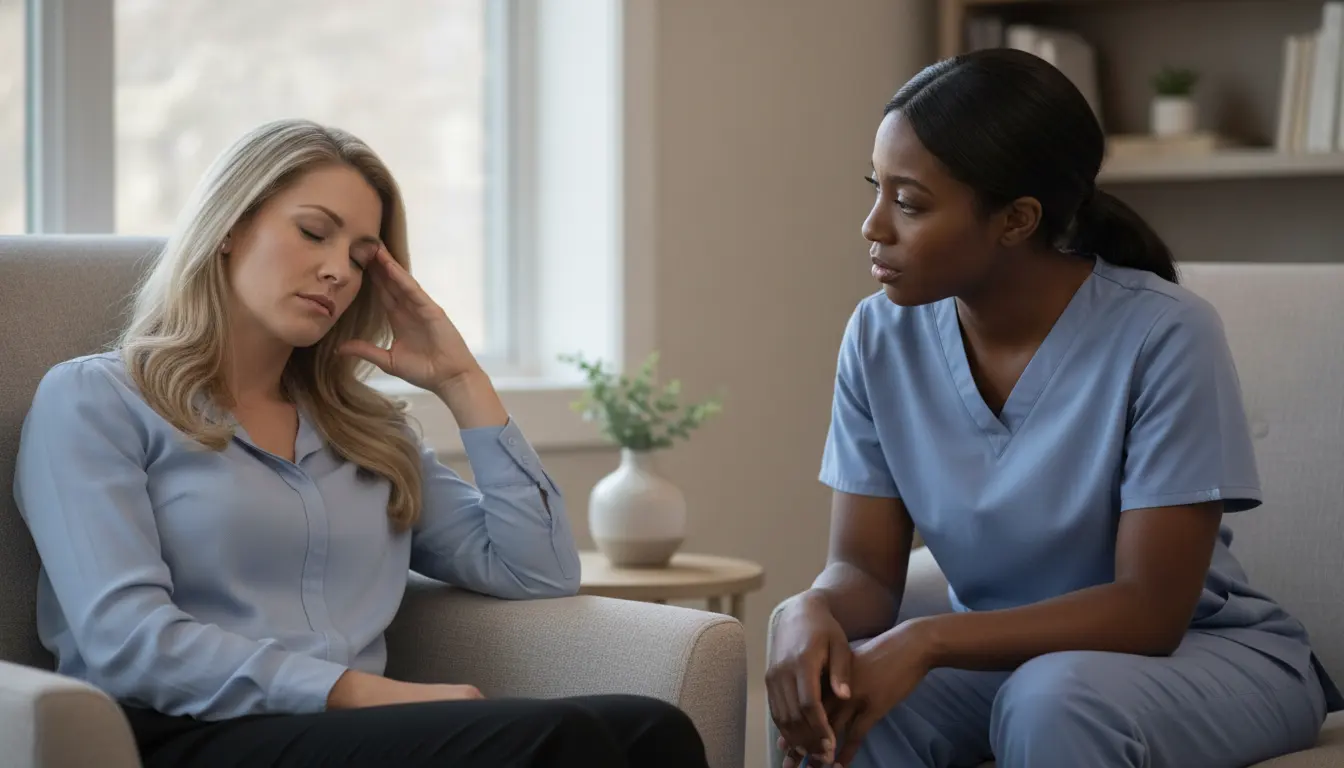 Adult Georgia crash survivor discussing mild traumatic brain injury symptoms with a female healthcare professional