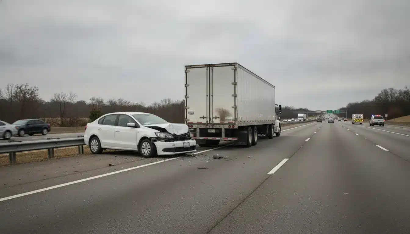 Atlanta car accident attorney guide hero showing a damaged car and commercial truck on a Georgia highway