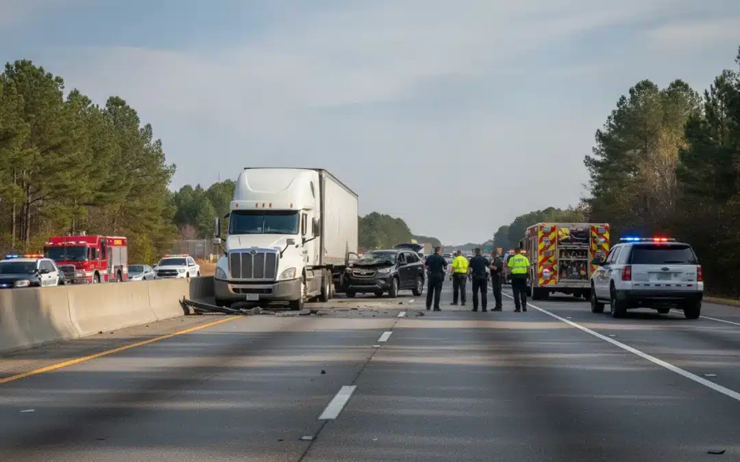 Georgia interstate scene with a semi truck and passenger vehicle after a serious collision