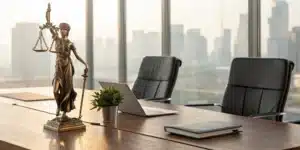 A modern law firm office desk with a Lady Justice statue and a book about law.