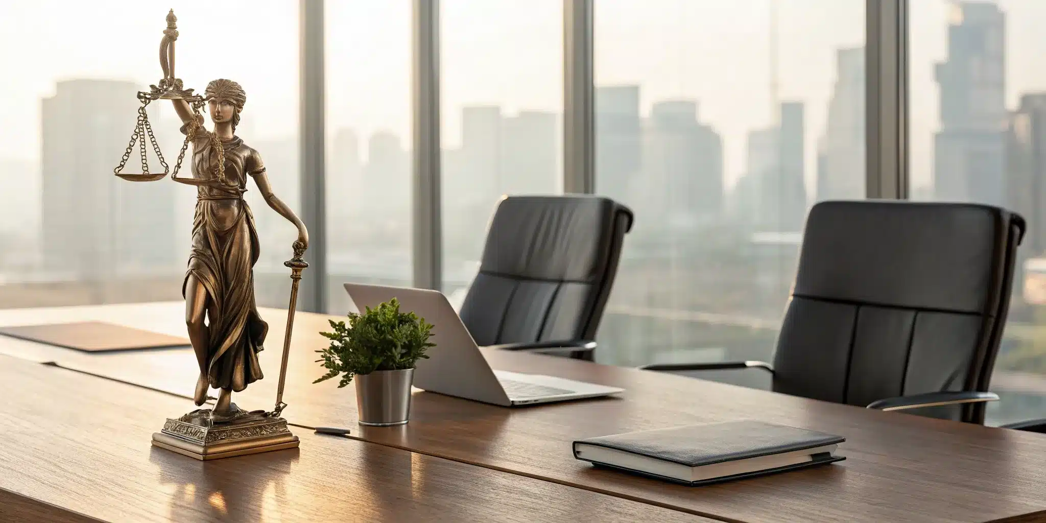 A modern law firm office desk with a Lady Justice statue and a book about law.