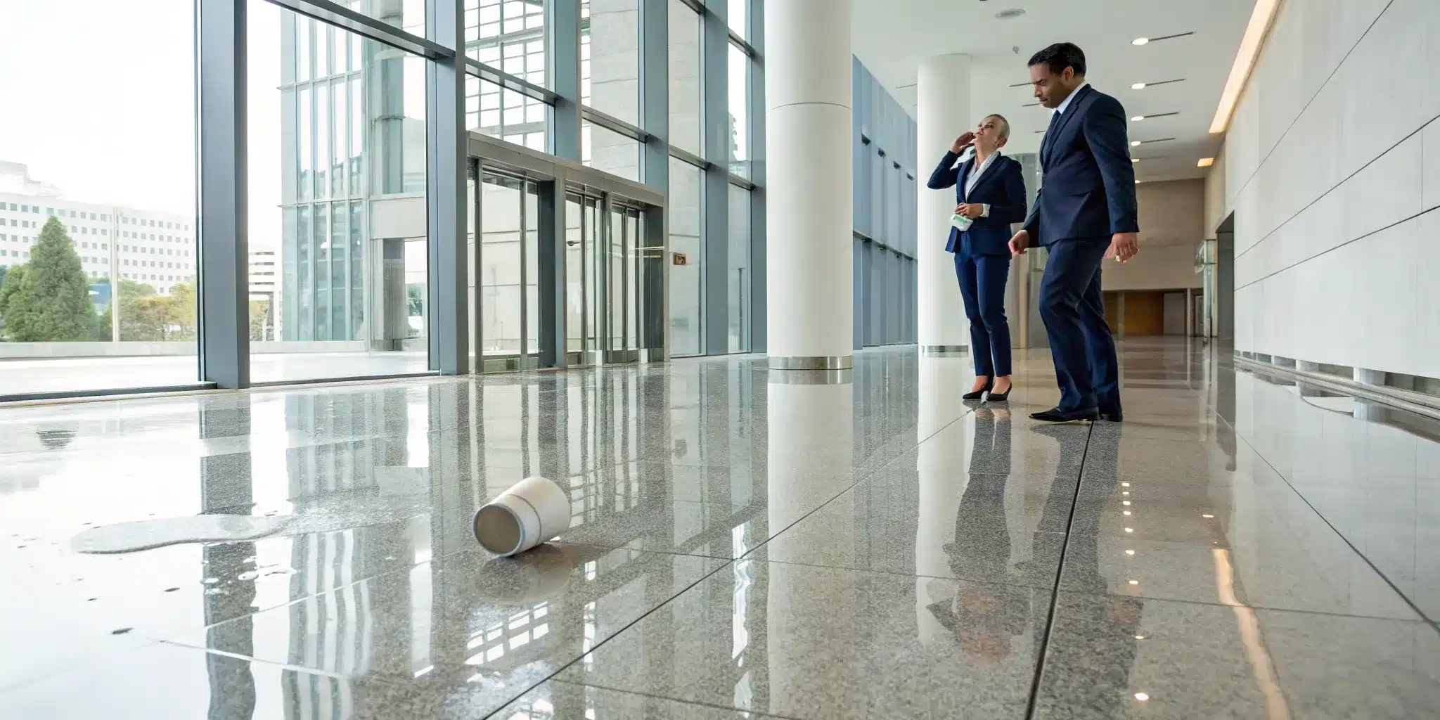 Spilled coffee on an office floor, a slip hazard that can lead to a premises liability claim.