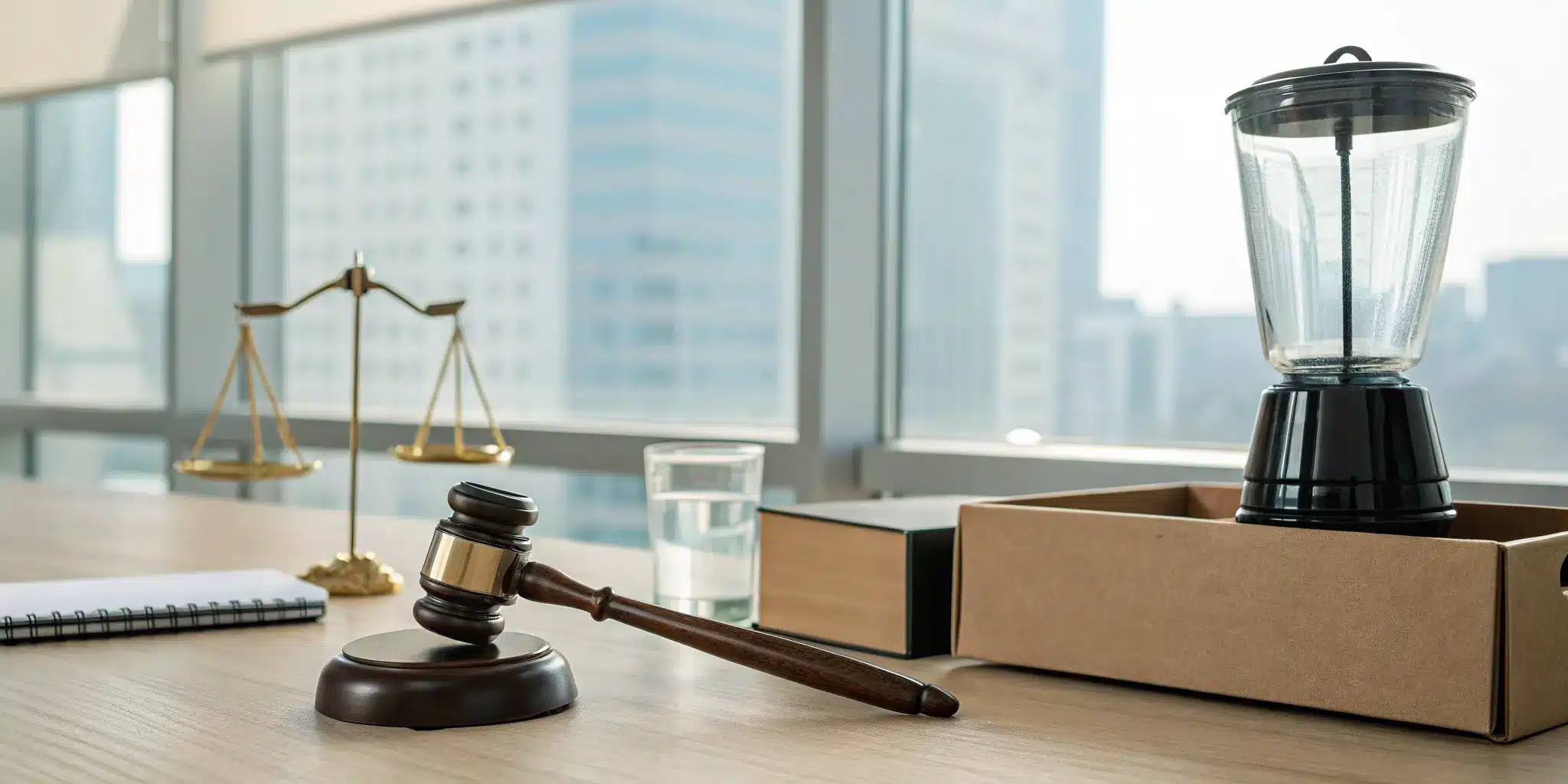 A defective blender, gavel, and scales of justice for a product liability lawsuit.