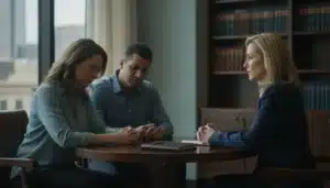 Family meeting with a female attorney after a Georgia truck accident wrongful death