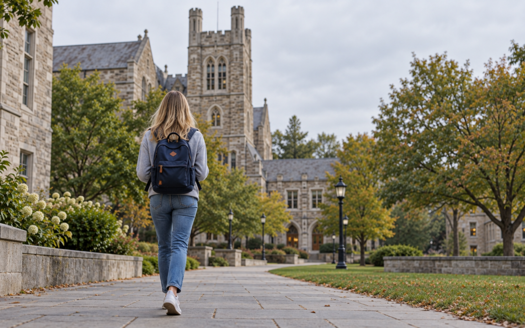 Student walking across the Cornell University campus