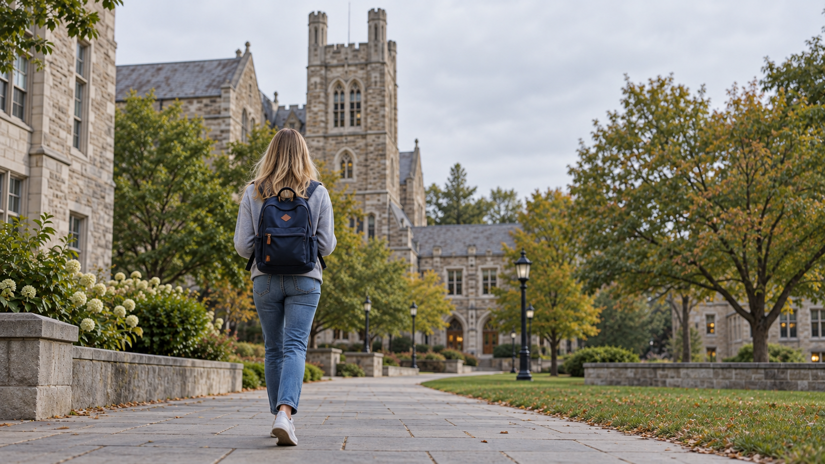 Student walking across the Cornell University campus