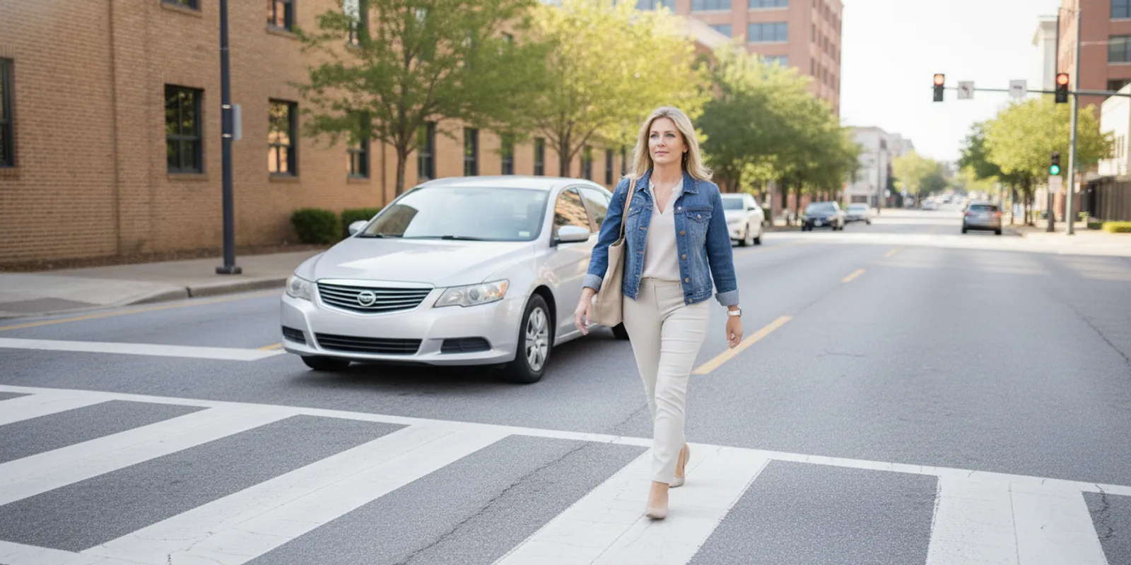 A pedestrian crossing a marked crosswalk on an Atlanta street as traffic approaches