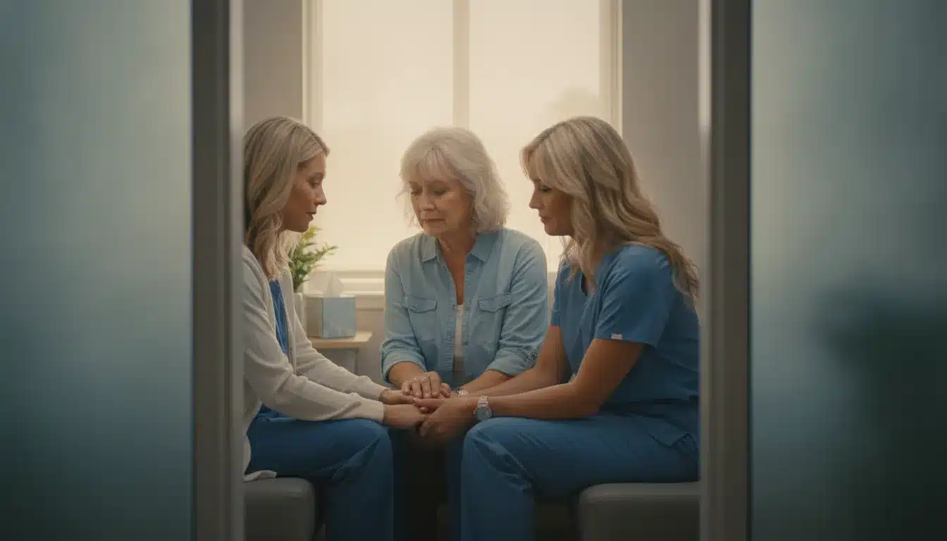Women discussing a postpartum medical concern in a quiet hospital consultation